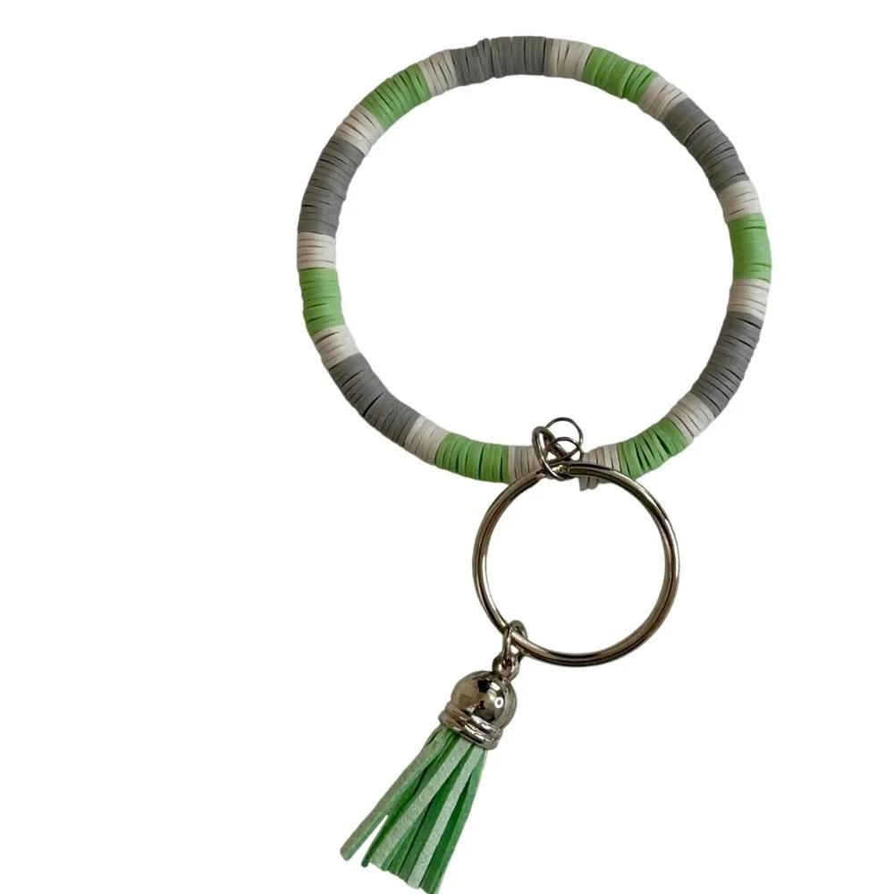 Handmade Silicone Bead Wristlet Keychain Green White Grey Tassel‎ Bangle Ring